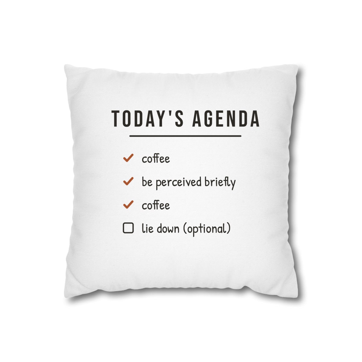 Today's Agenda, printed on a cushion cover in White