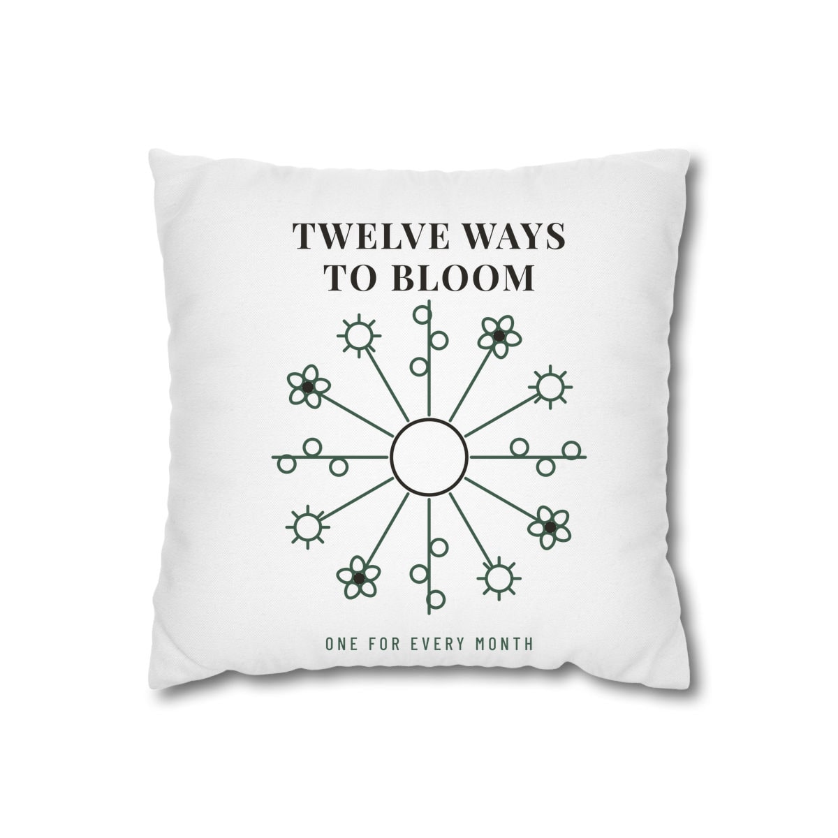 Twelve Ways To Bloom, printed on a cushion cover in White
