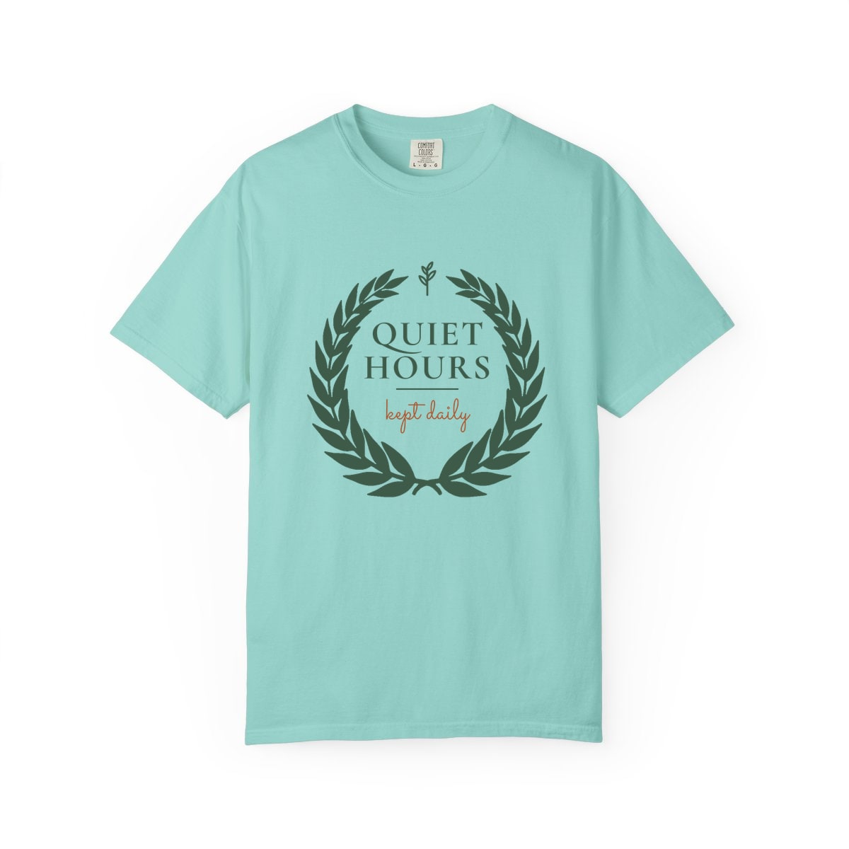 Quiet Hours, Kept Daily, printed on a Comfort Colors garment-dyed t-shirt in Chalky Mint