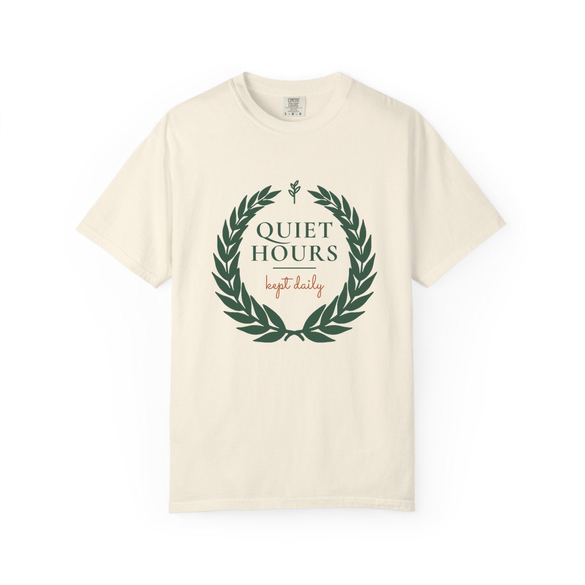 Quiet Hours, Kept Daily, printed on a Comfort Colors garment-dyed t-shirt in Ivory