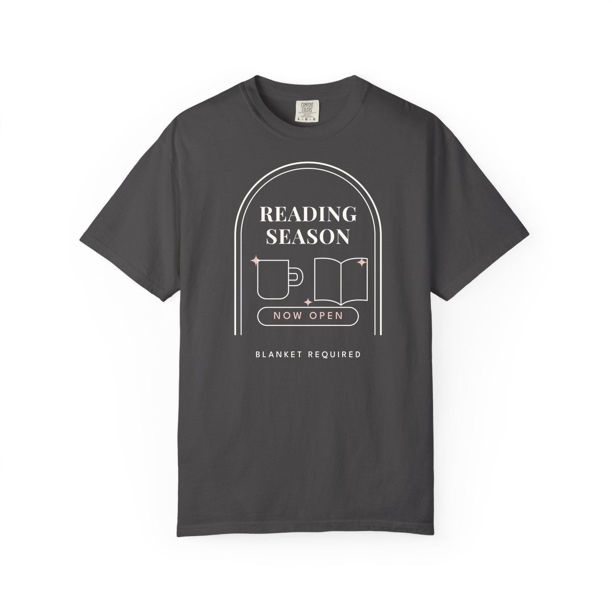 Reading Season Now Open, printed on a Comfort Colors garment-dyed t-shirt in Graphite