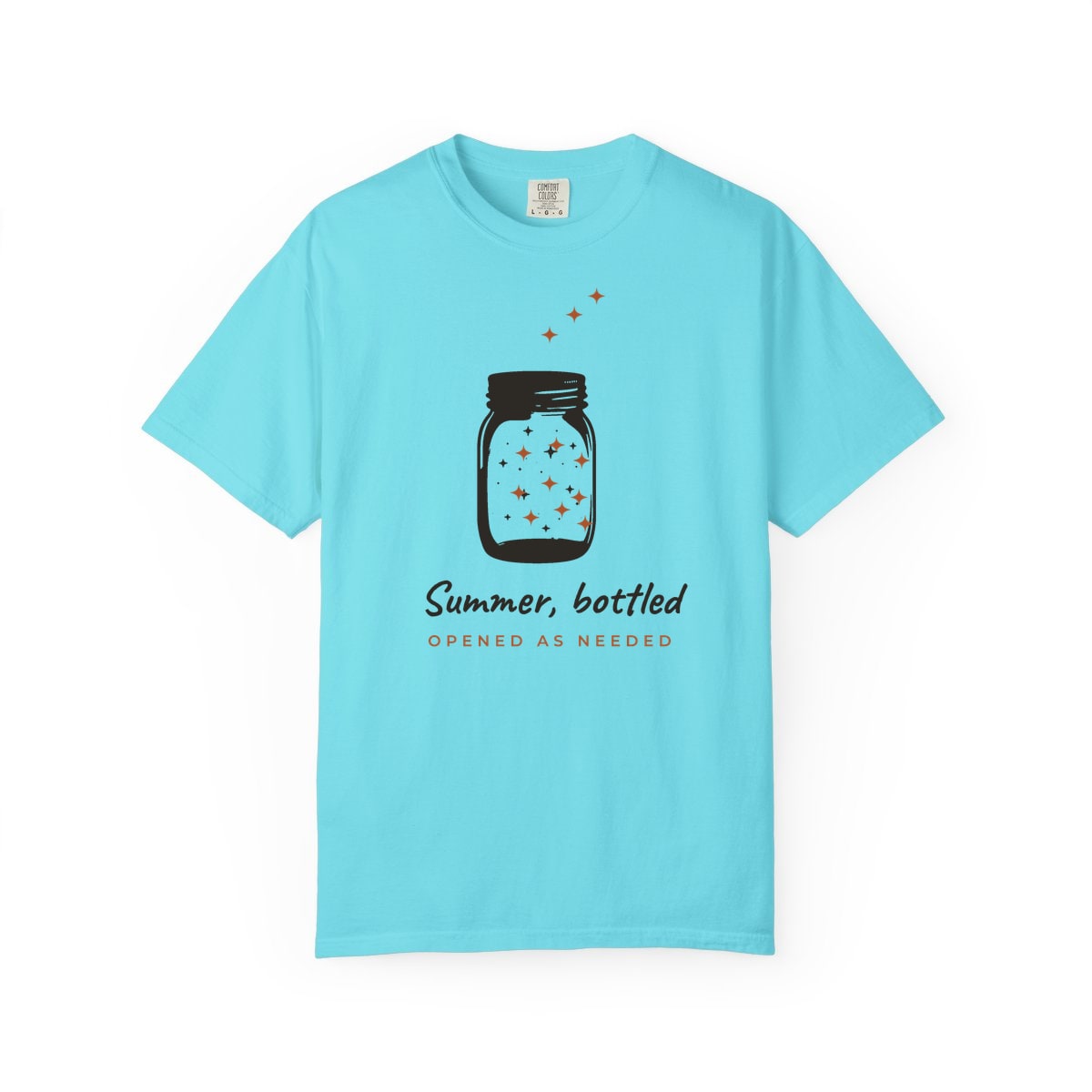 Summer, Bottled, printed on a Comfort Colors garment-dyed t-shirt in Lagoon Blue