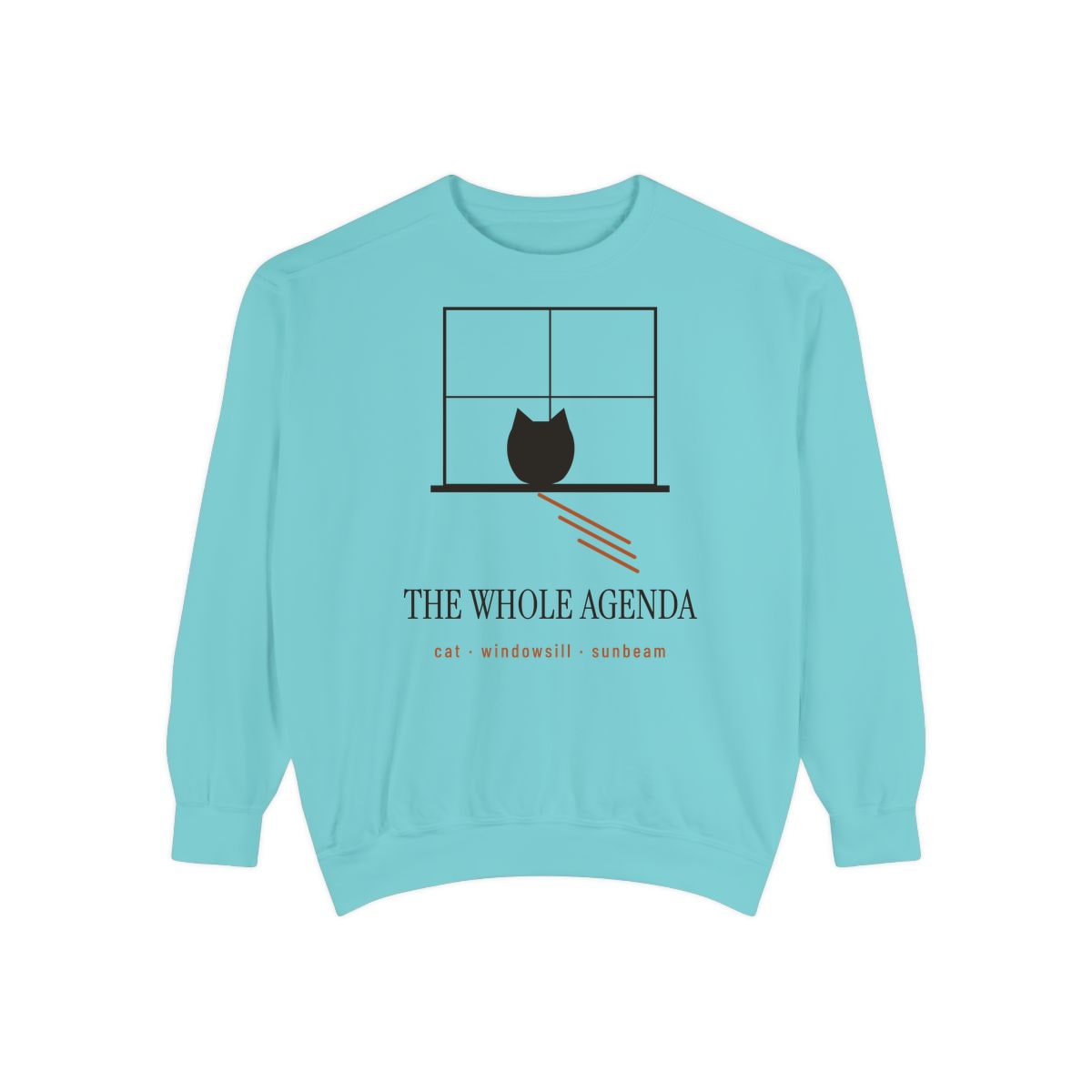 Cat, Windowsill, Sunbeam, printed on a sweatshirt in Chalky Mint