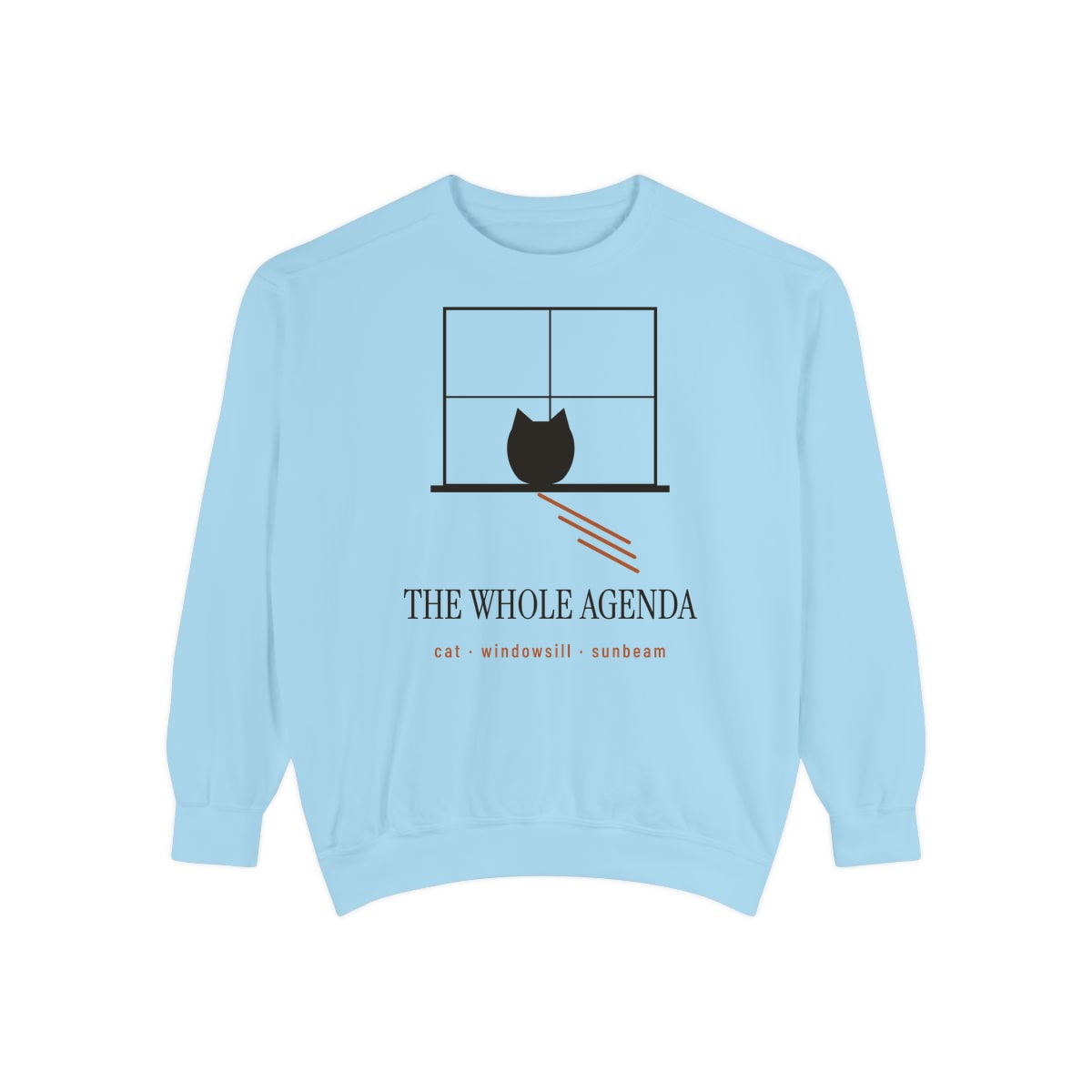 Cat, Windowsill, Sunbeam, printed on a sweatshirt in Chambray
