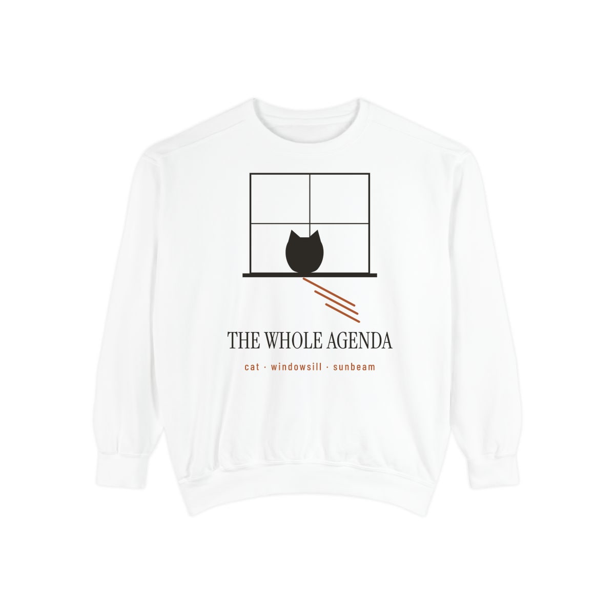 Cat, Windowsill, Sunbeam, printed on a sweatshirt in White