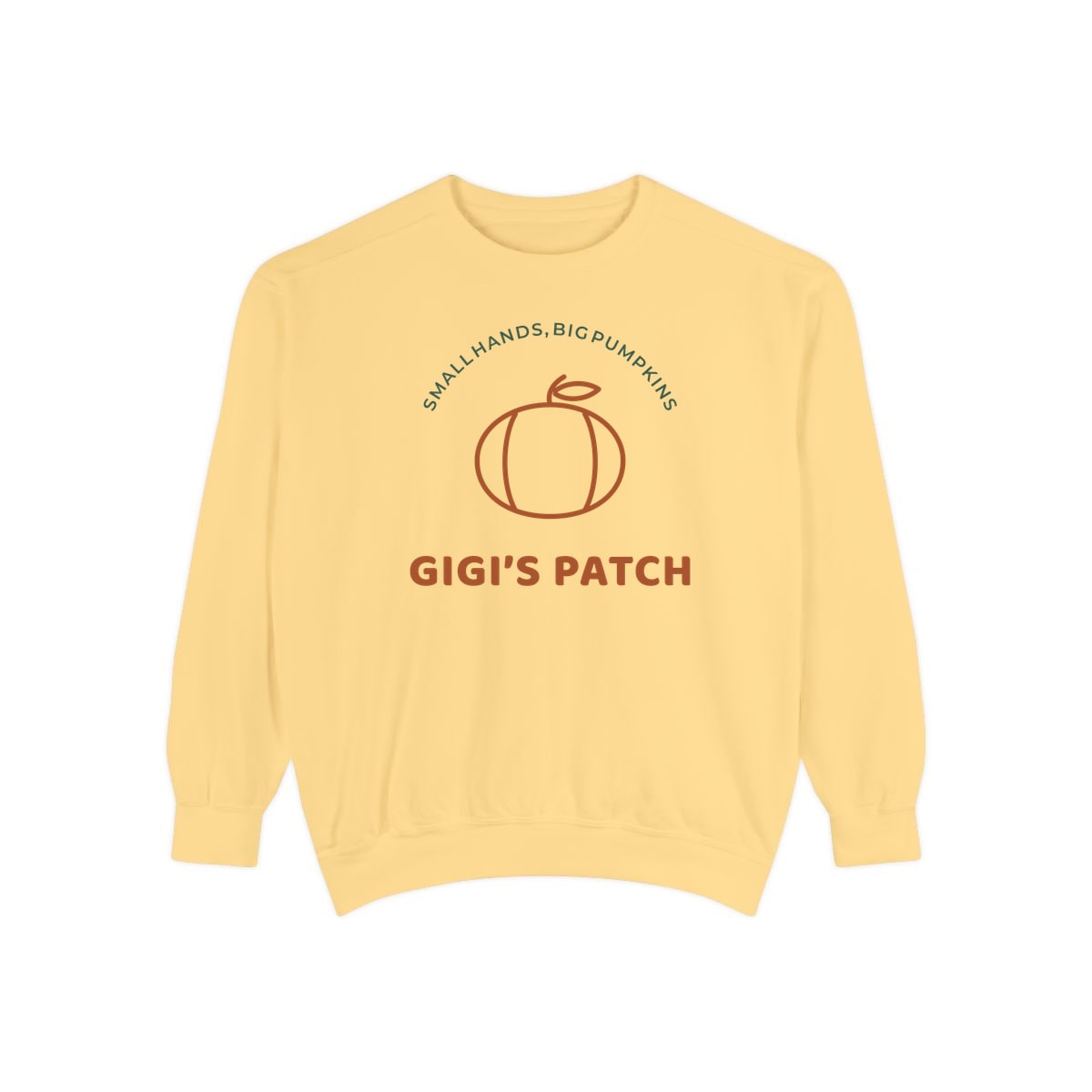Gigi’s Pumpkin Patch, printed on a sweatshirt in Butter