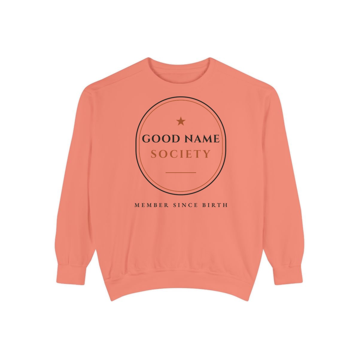 Good Name Society, printed on a sweatshirt in Terracotta
