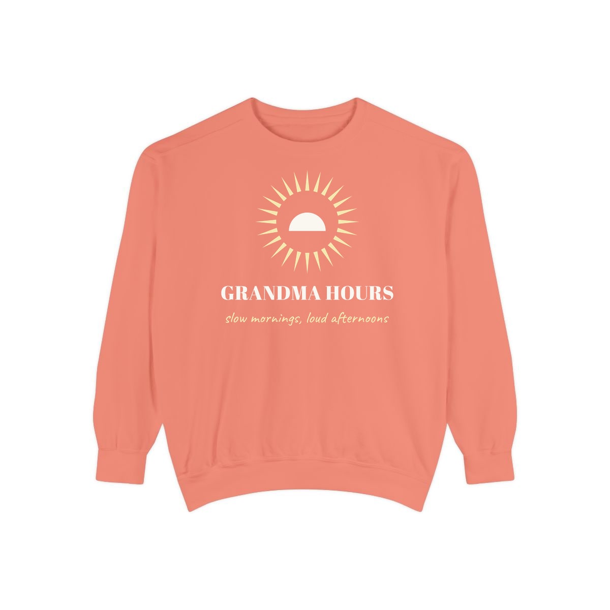 Grandma Hours, printed on a sweatshirt in Terracotta
