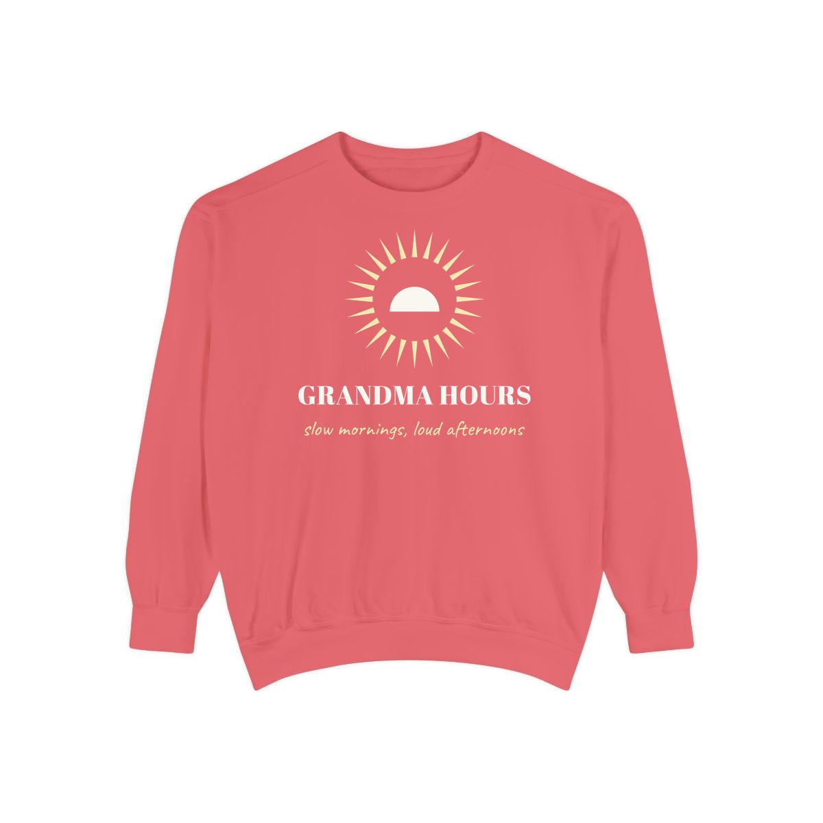 Grandma Hours, printed on a sweatshirt in Watermelon