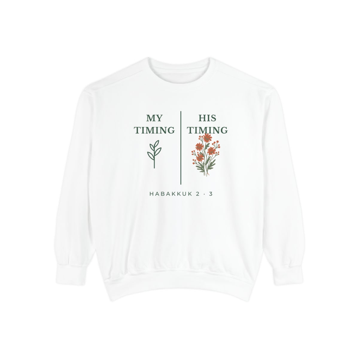 My Timing, His Timing, printed on a sweatshirt in White