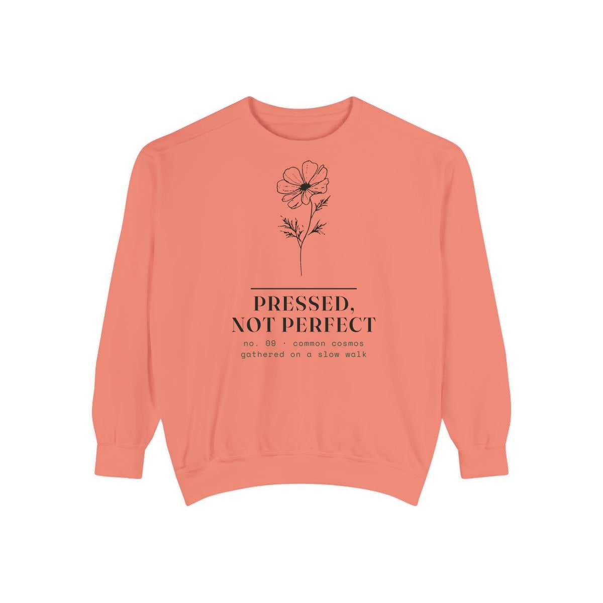 Pressed, Not Perfect, printed on a sweatshirt in Terracotta