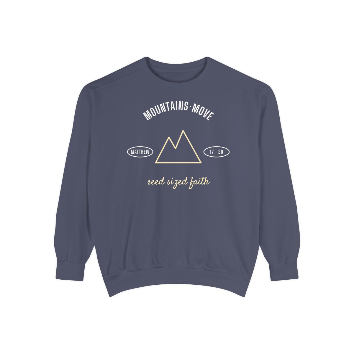 Seed Sized, Mountains Move, printed on a sweatshirt in Denim