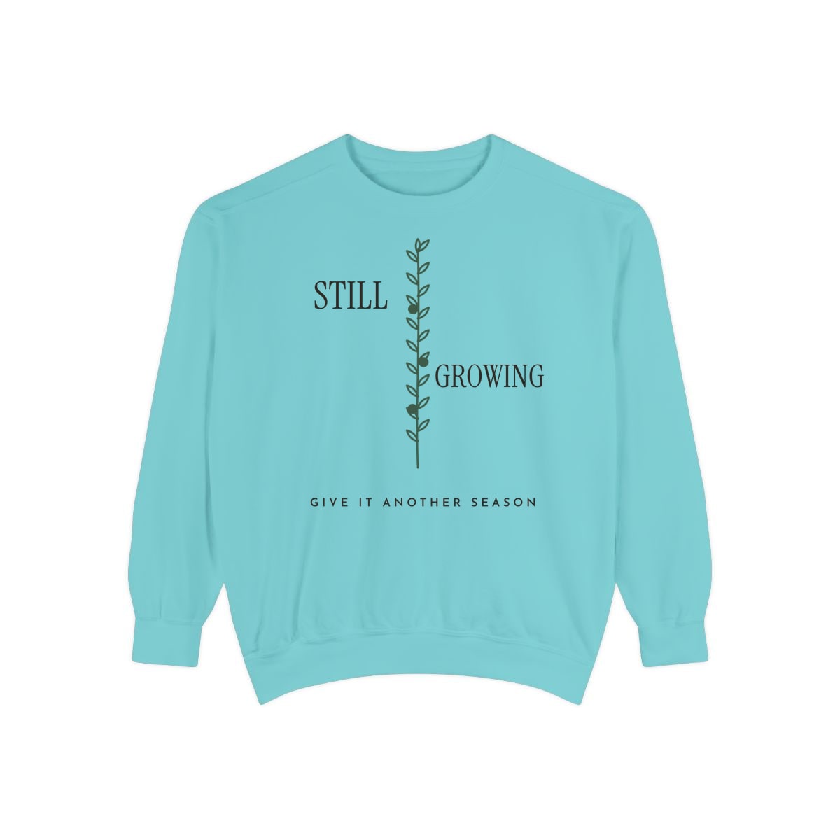 Still Growing Olive Branch, printed on a sweatshirt in Chalky Mint