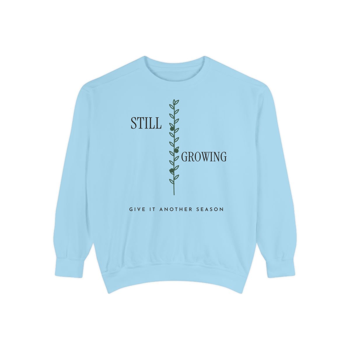 Still Growing Olive Branch, printed on a sweatshirt in Chambray