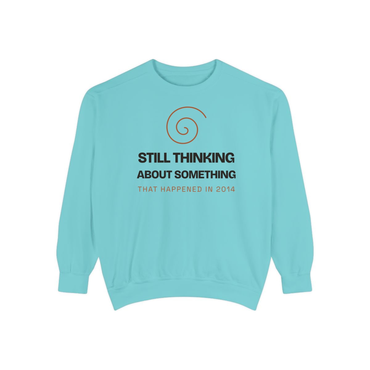 Still Thinking About 2014, printed on a sweatshirt in Chalky Mint