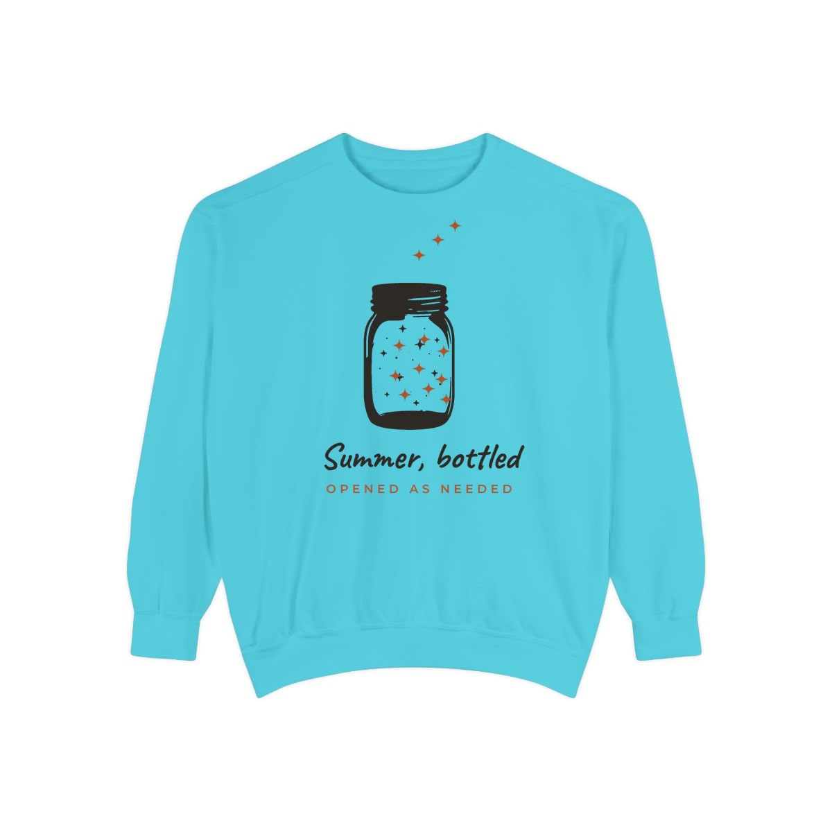 Summer, Bottled, printed on a sweatshirt in Lagoon Blue
