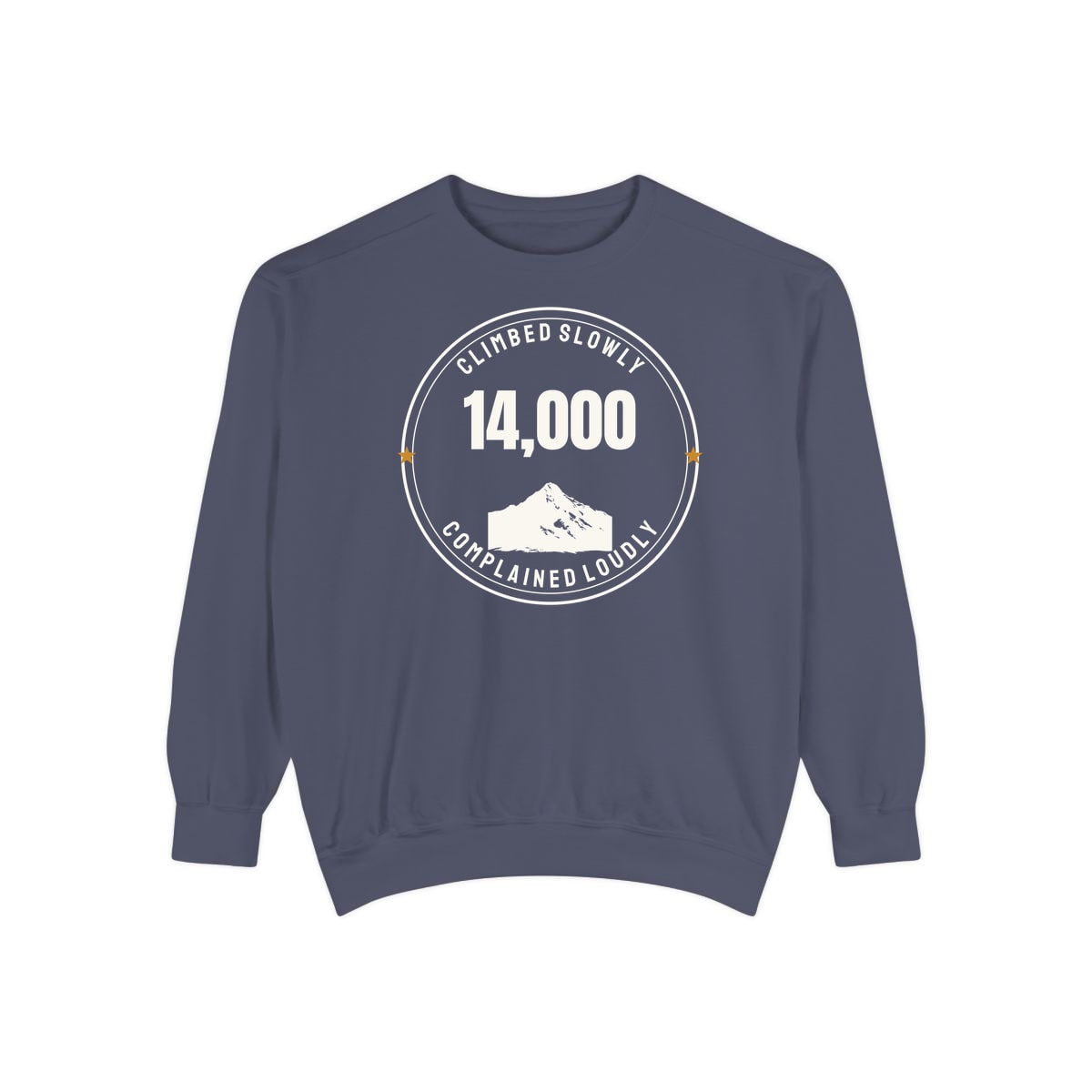 The Fourteener Club, printed on a sweatshirt in Denim