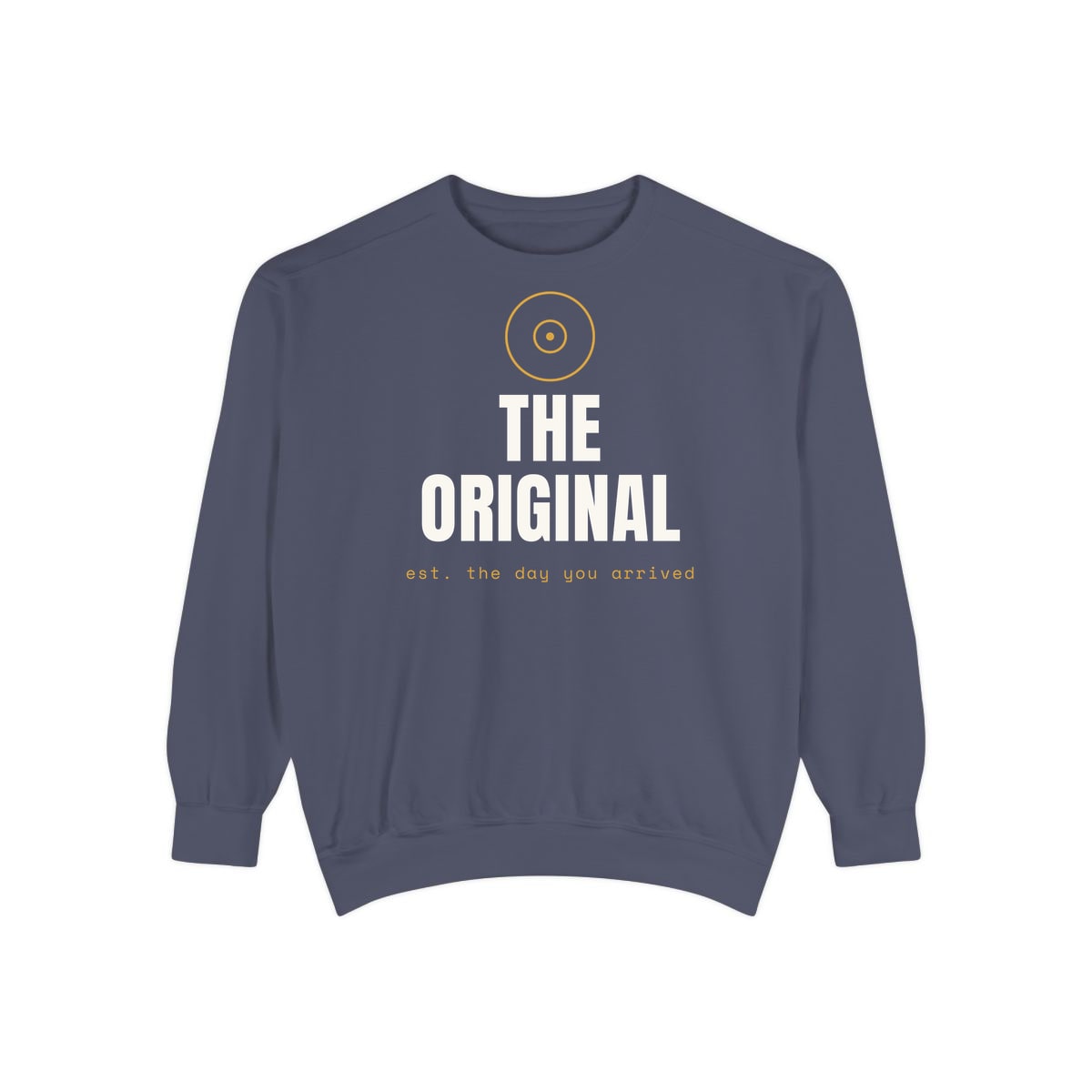 The Original, printed on a sweatshirt in Denim