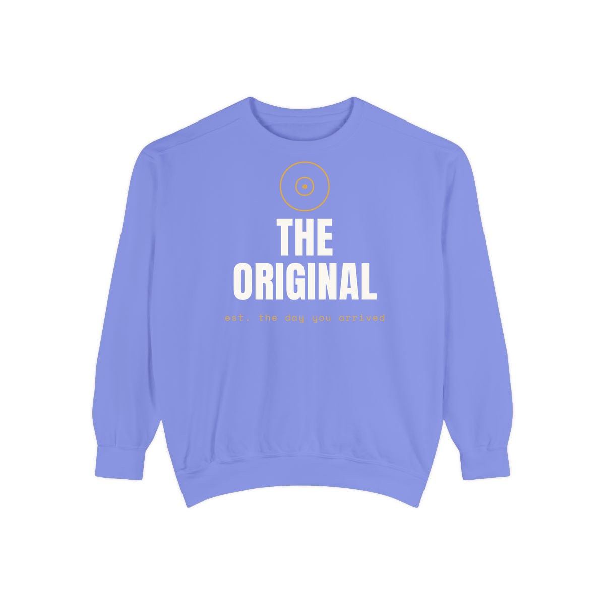 The Original, printed on a sweatshirt in Flo Blue