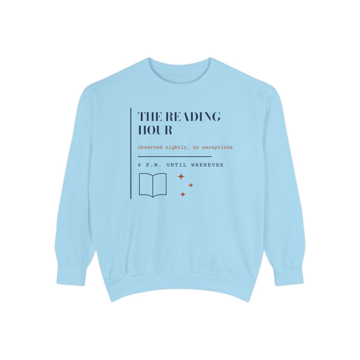 The Reading Hour, printed on a sweatshirt in Chambray