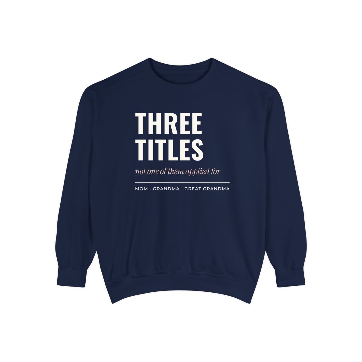 Three Titles, None Applied For, printed on a sweatshirt in True Navy