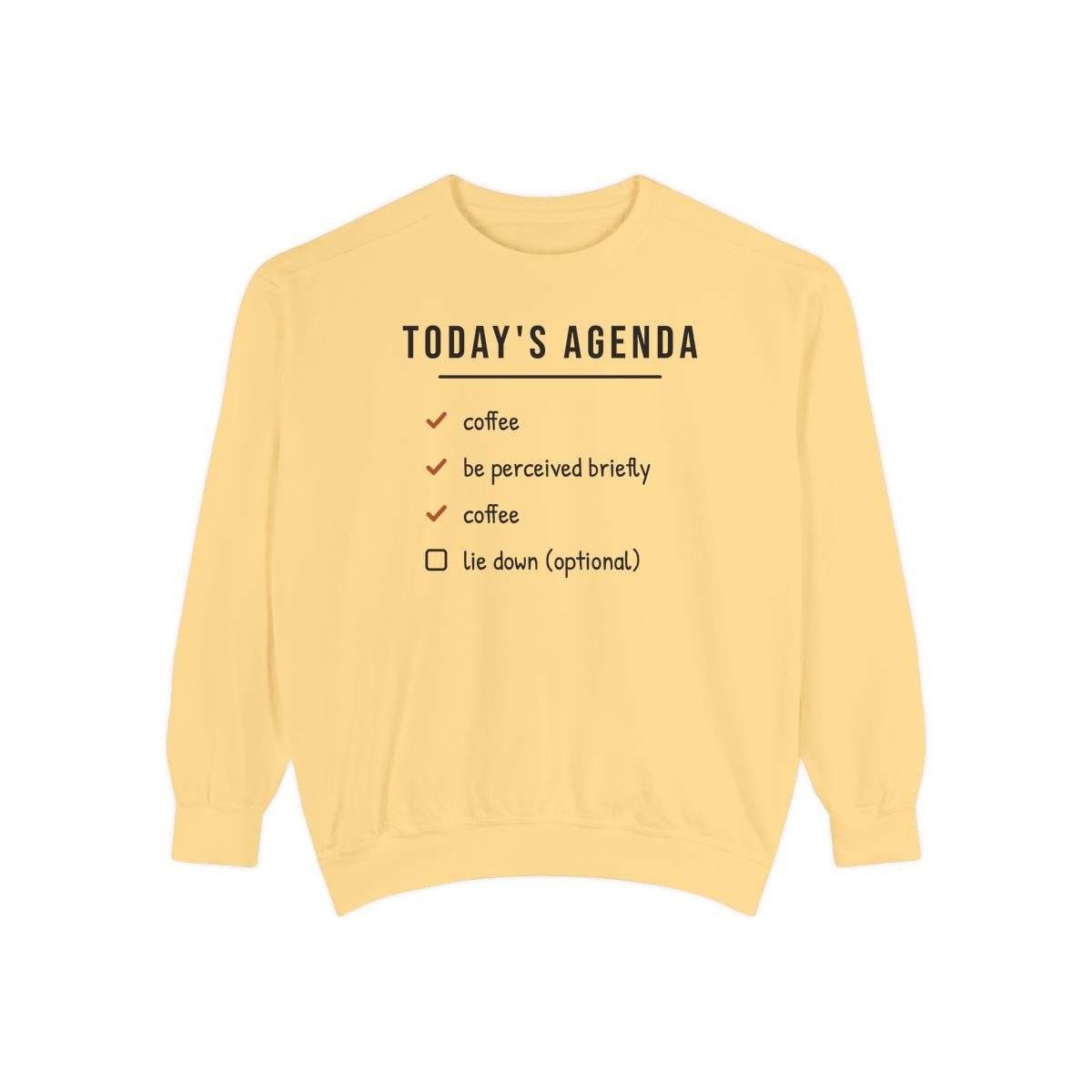 Today's Agenda, printed on a sweatshirt in Butter