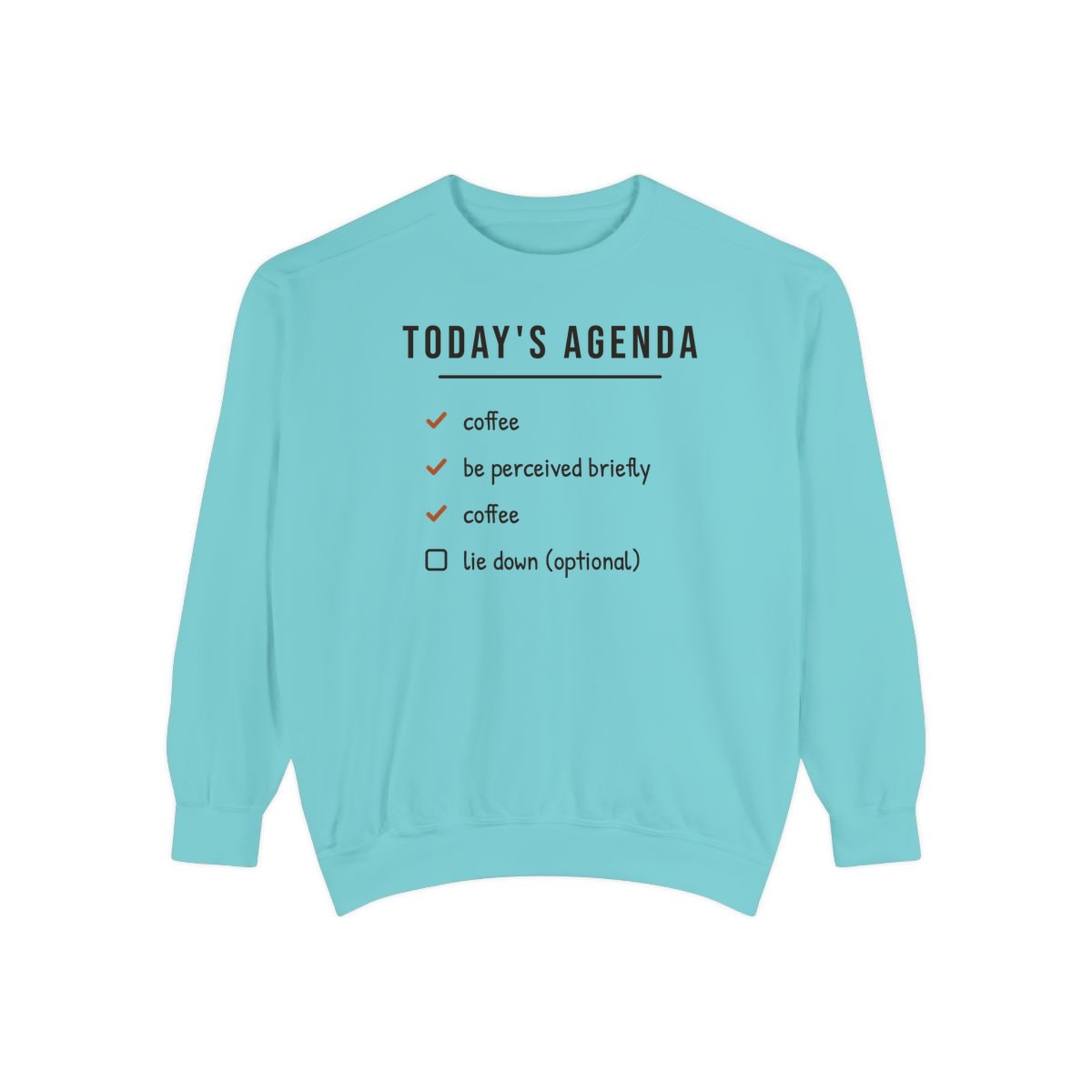Today's Agenda, printed on a sweatshirt in Chalky Mint