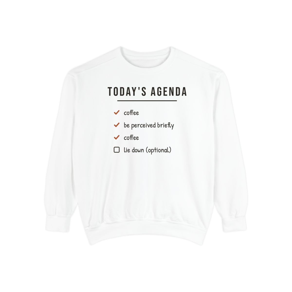 Today's Agenda, printed on a sweatshirt in White
