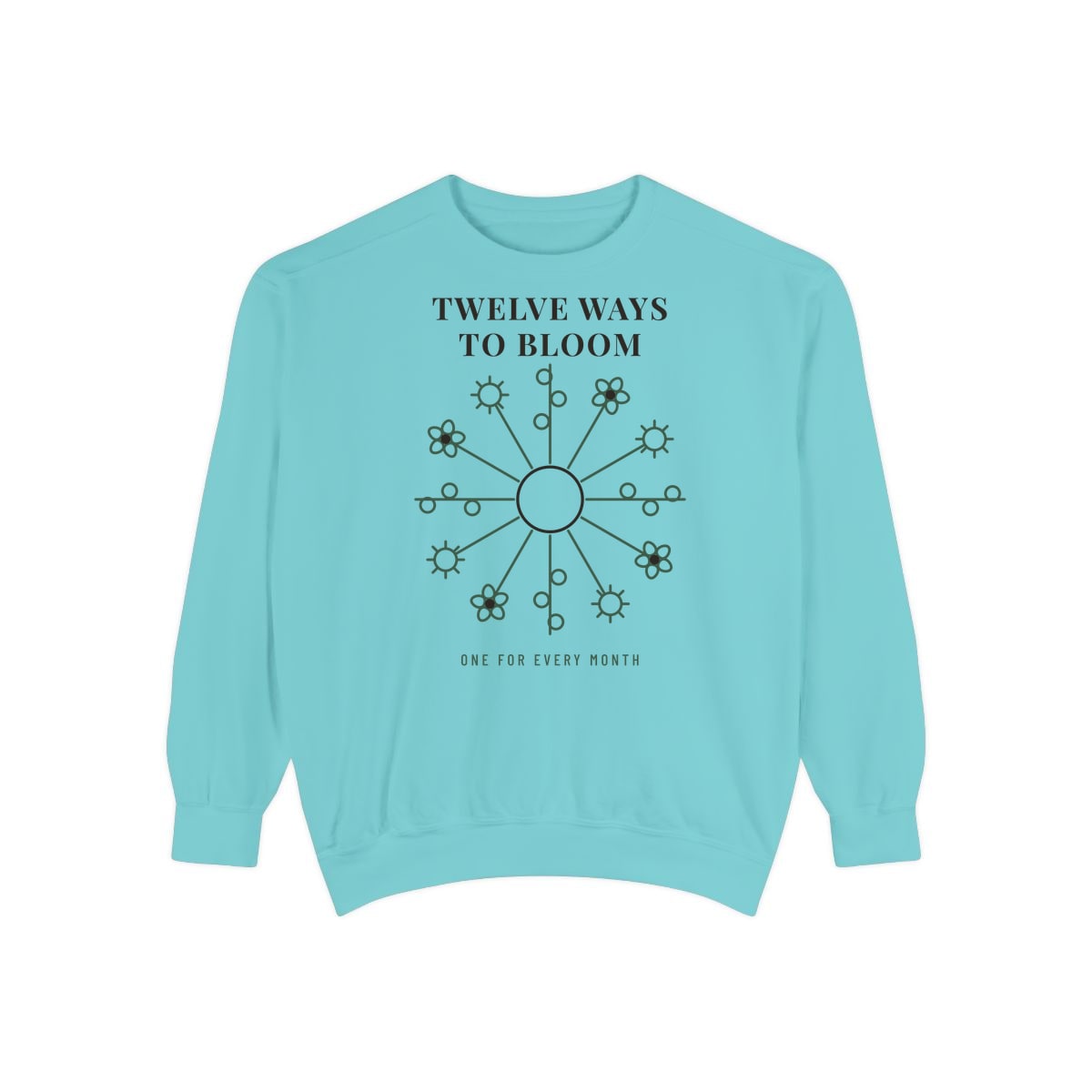 Twelve Ways To Bloom, printed on a sweatshirt in Chalky Mint