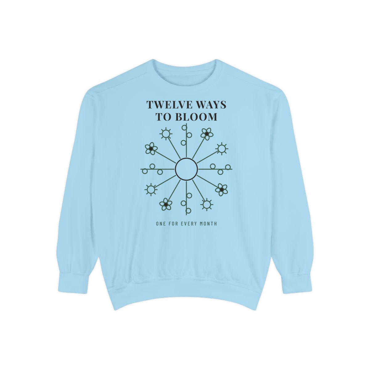 Twelve Ways To Bloom, printed on a sweatshirt in Chambray