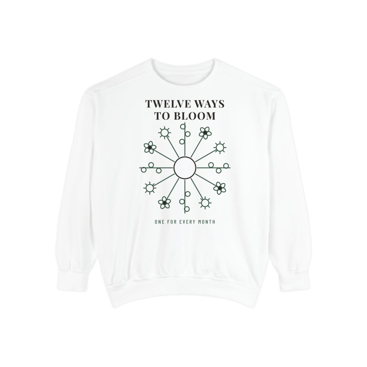 Twelve Ways To Bloom, printed on a sweatshirt in White