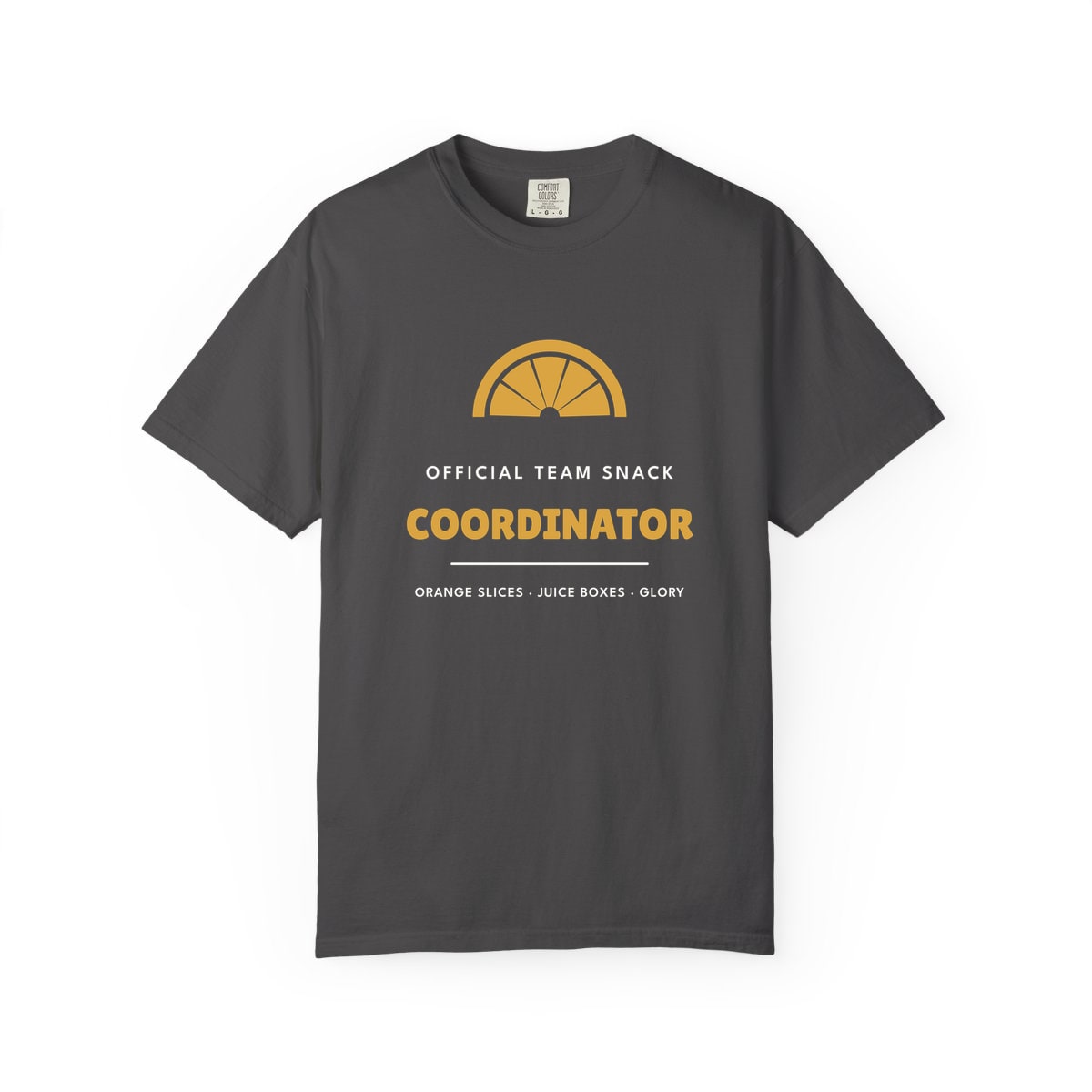Team Snack Coordinator, printed on a Comfort Colors garment-dyed t-shirt in Graphite