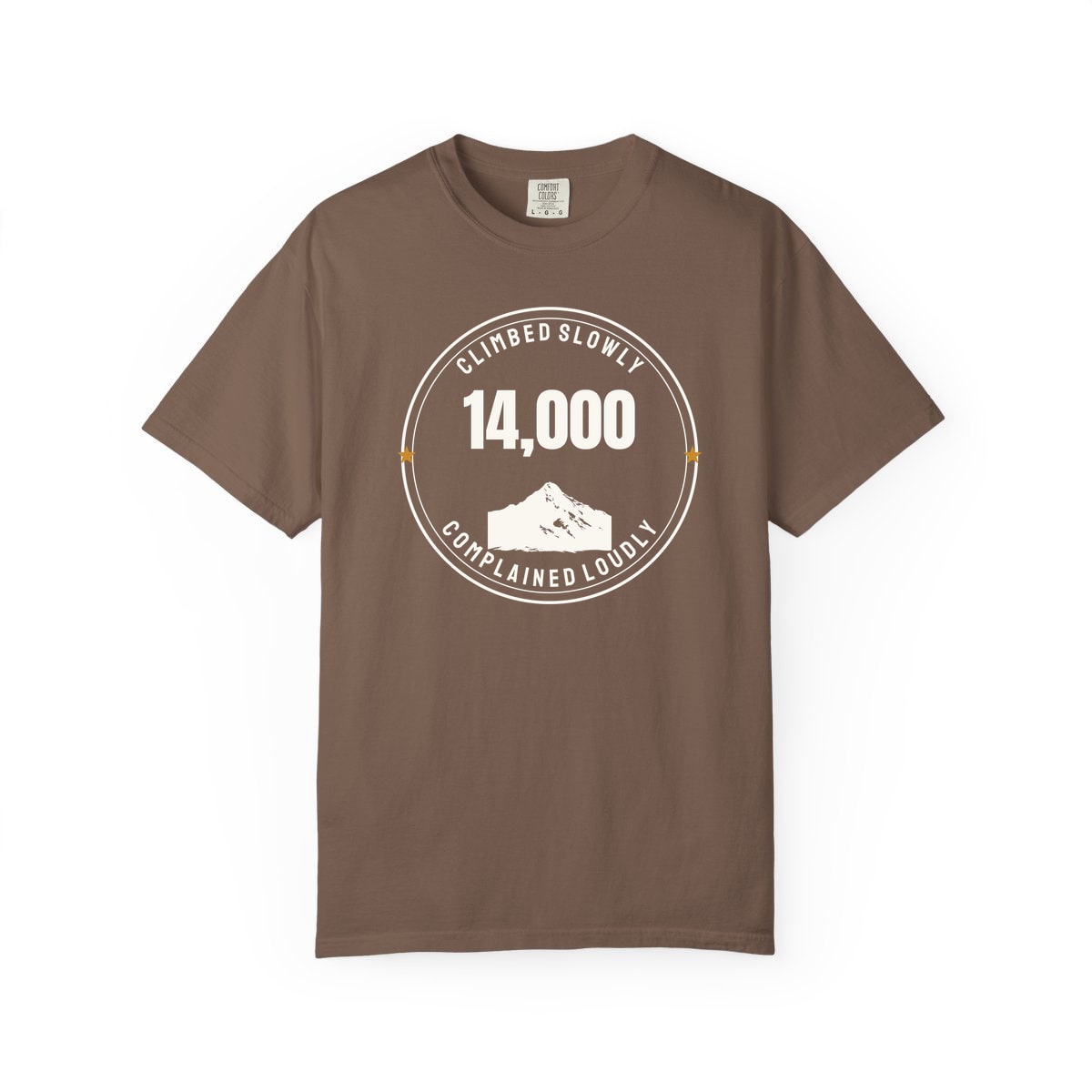 The Fourteener Club, printed on a Comfort Colors garment-dyed t-shirt in Espresso