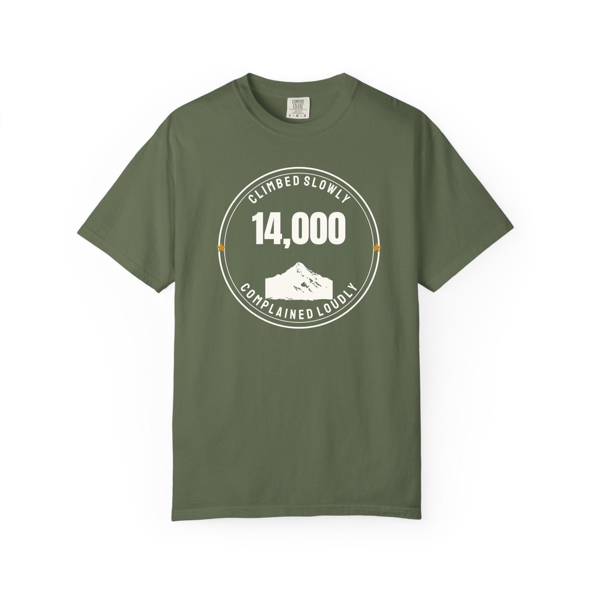 The Fourteener Club, printed on a Comfort Colors garment-dyed t-shirt in Sage