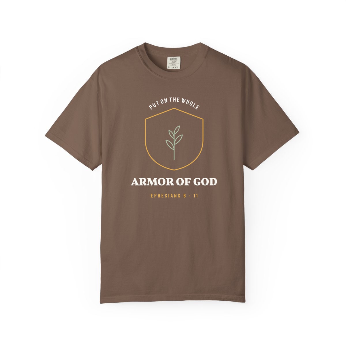 The Whole Armor Crest, printed on a Comfort Colors garment-dyed t-shirt in Espresso