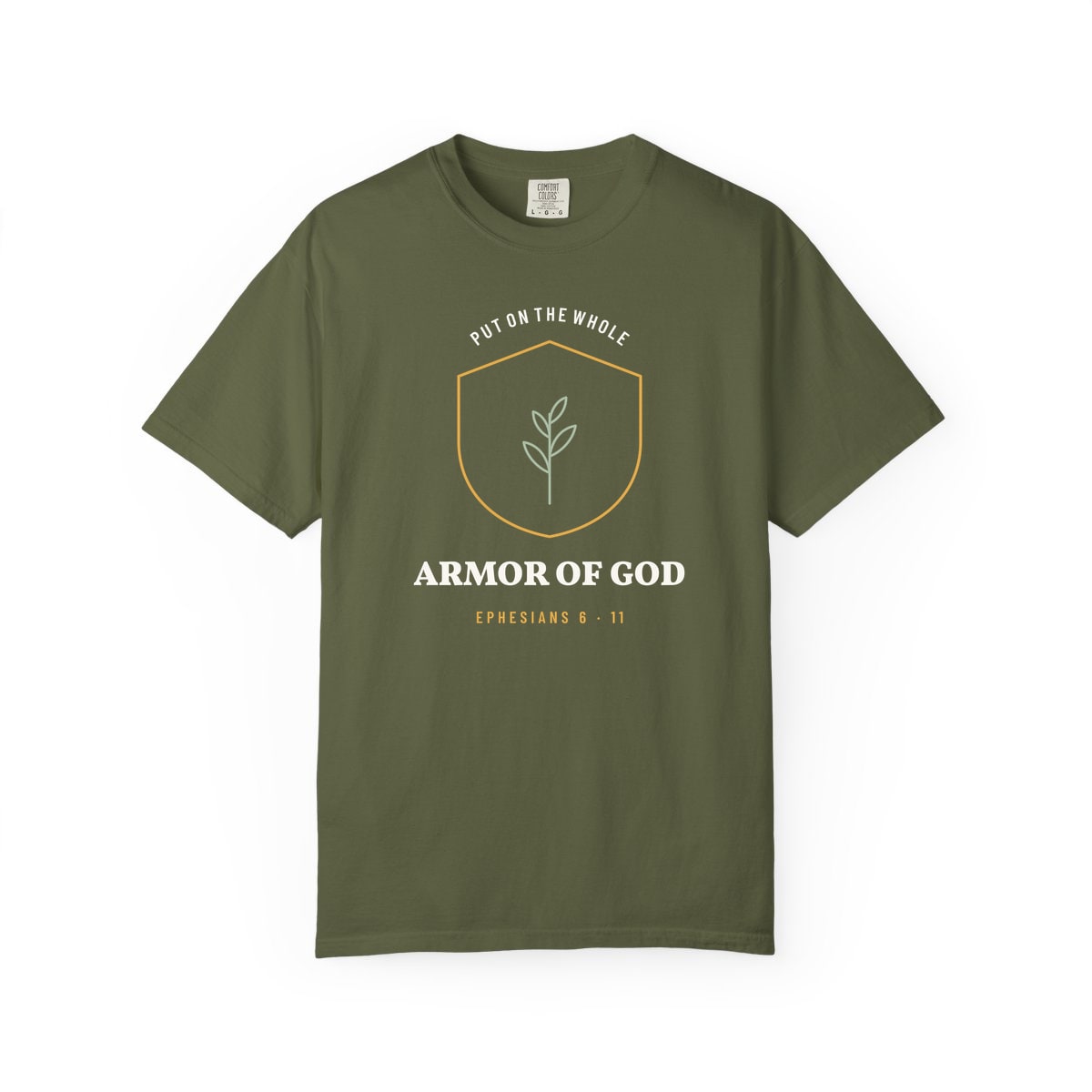 The Whole Armor Crest, printed on a Comfort Colors garment-dyed t-shirt in Hemp