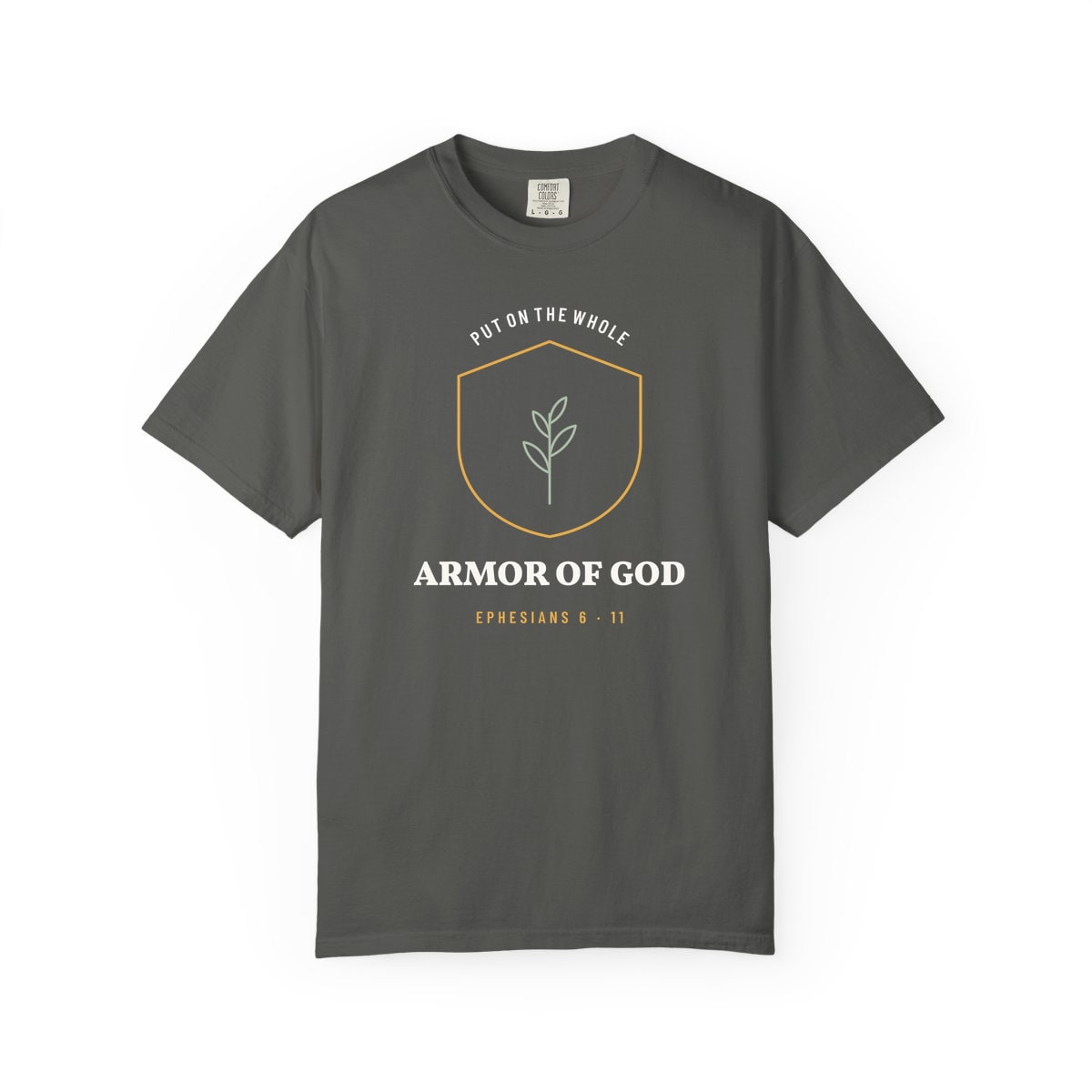 The Whole Armor Crest, printed on a Comfort Colors garment-dyed t-shirt in Pepper