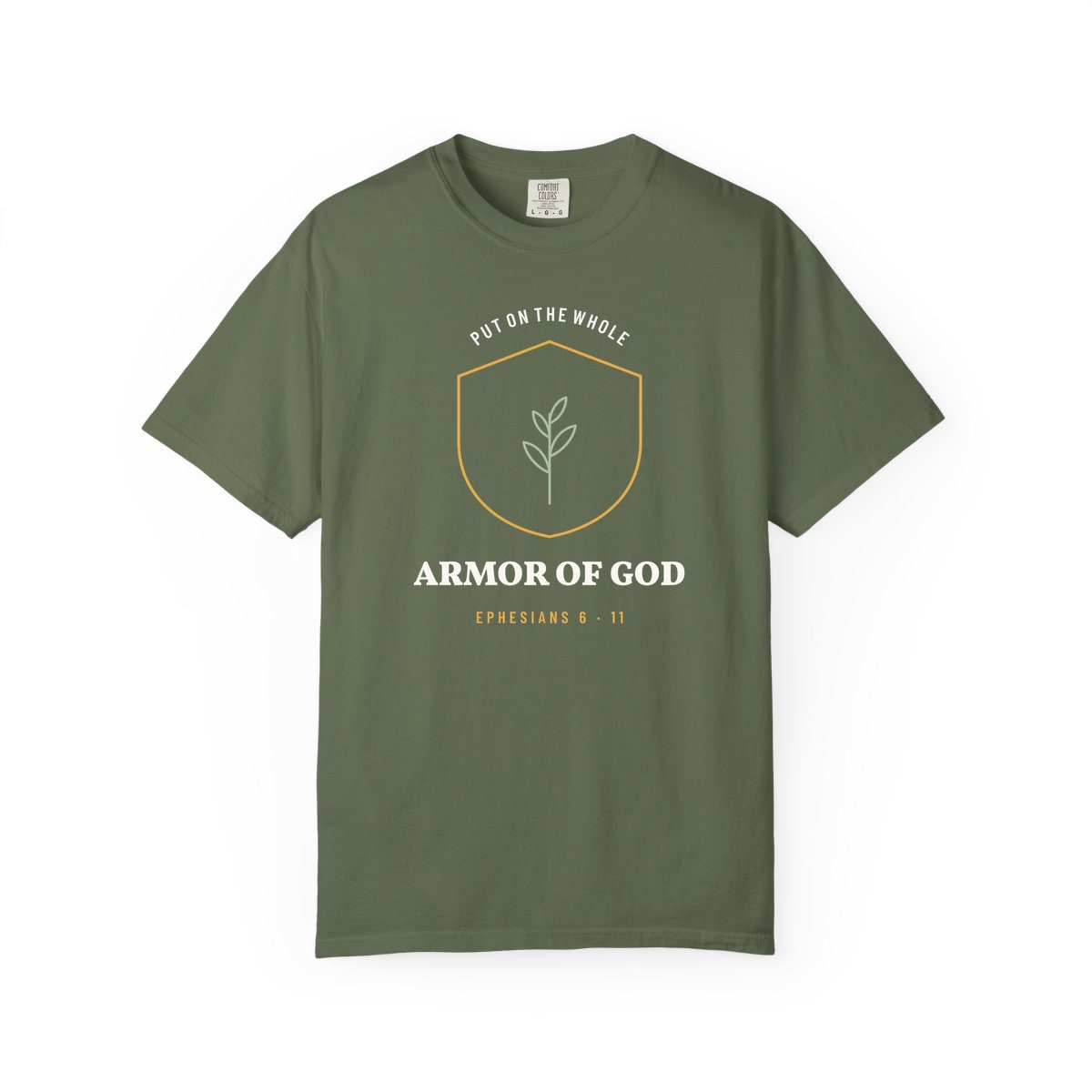 The Whole Armor Crest, printed on a Comfort Colors garment-dyed t-shirt in Sage