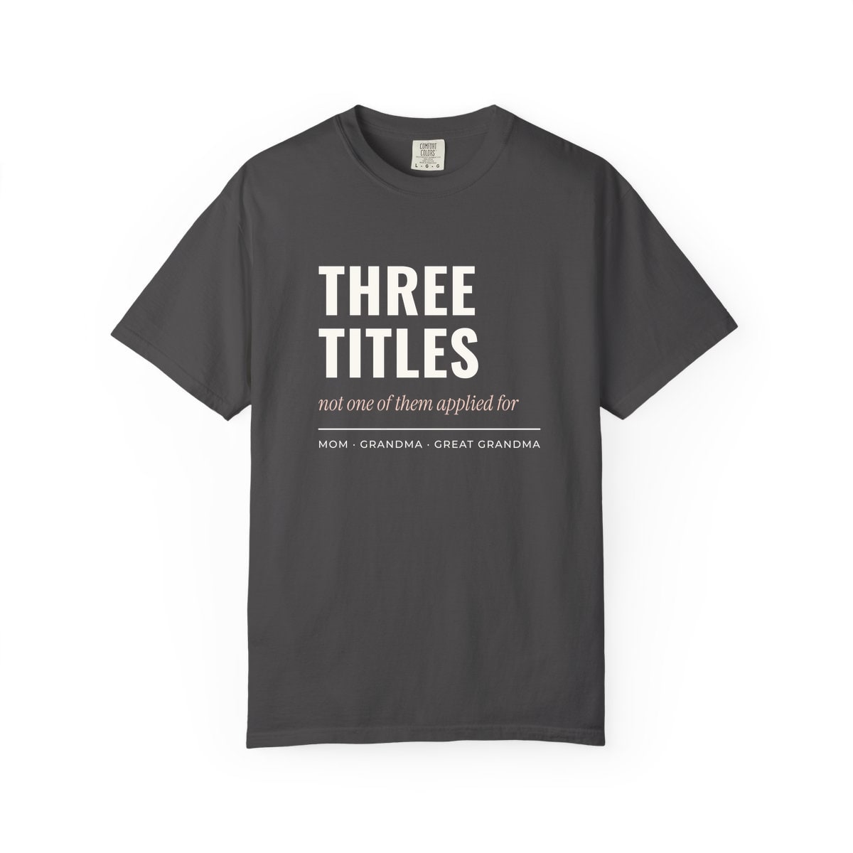 Three Titles, None Applied For, printed on a Comfort Colors garment-dyed t-shirt in Graphite