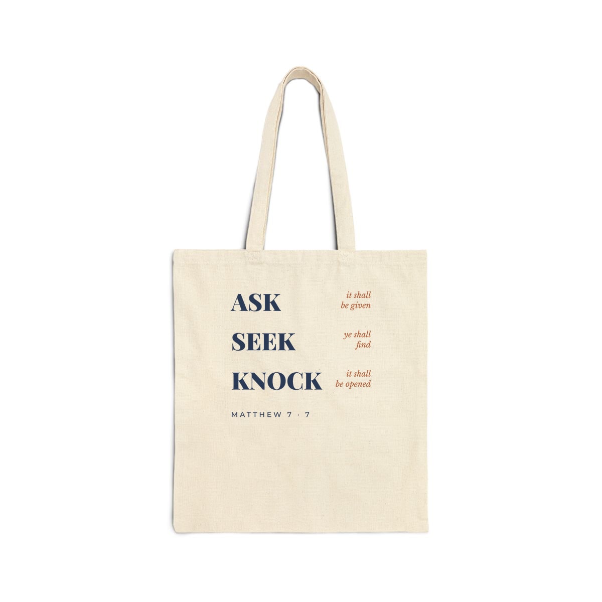 Ask, Seek, Knock, printed on a tote bag in Natural