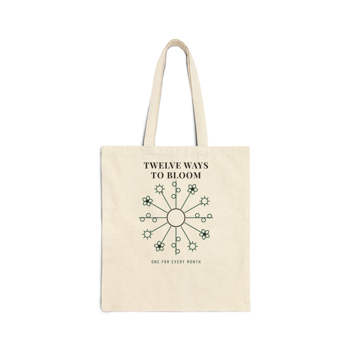 Twelve Ways To Bloom, printed on a tote bag in Natural