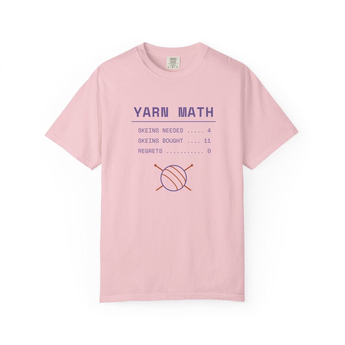 Yarn Math, printed on a Comfort Colors garment-dyed t-shirt in Blossom