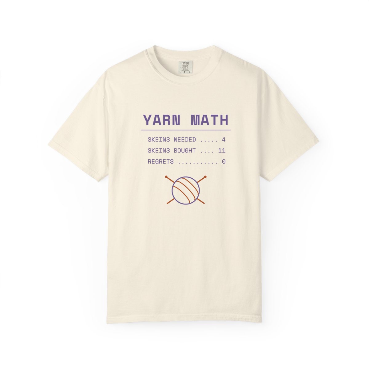 Yarn Math, printed on a Comfort Colors garment-dyed t-shirt in Ivory