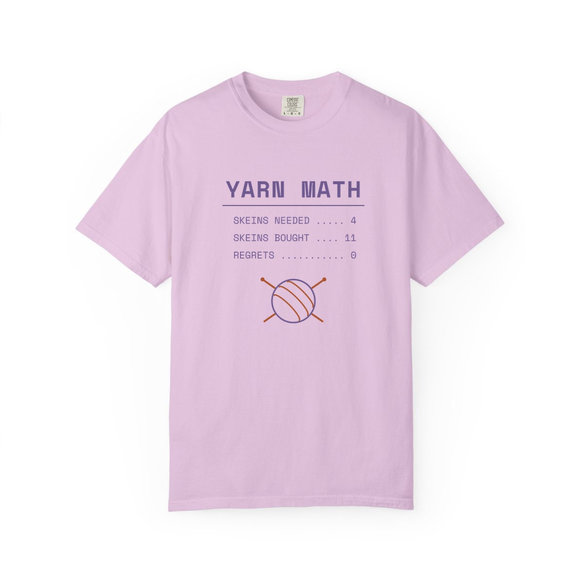 Yarn Math, printed on a Comfort Colors garment-dyed t-shirt in Orchid