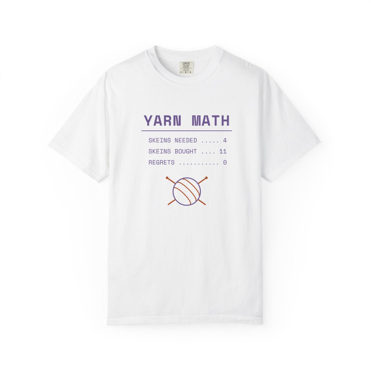 Yarn Math, printed on a Comfort Colors garment-dyed t-shirt in White