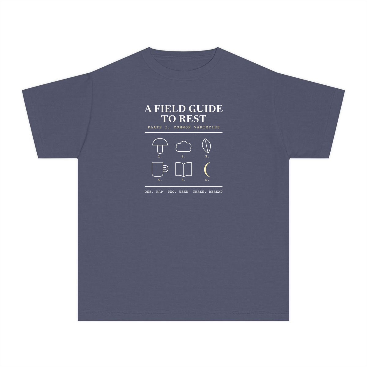 A Field Guide To Rest, printed on a youth tee in Denim