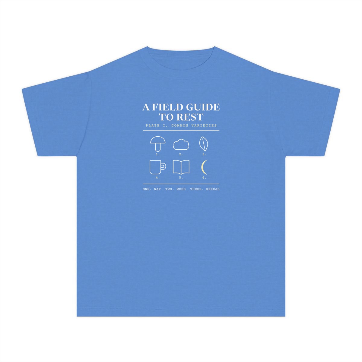 A Field Guide To Rest, printed on a youth tee in Royal Caribe