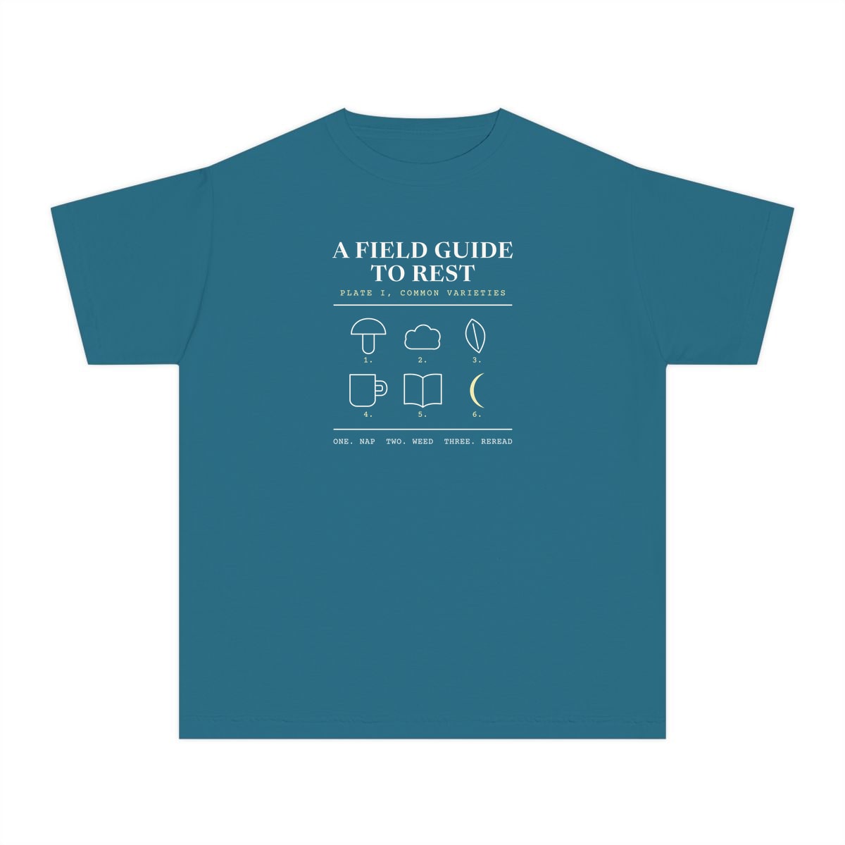 A Field Guide To Rest, printed on a youth tee in Topaz Blue