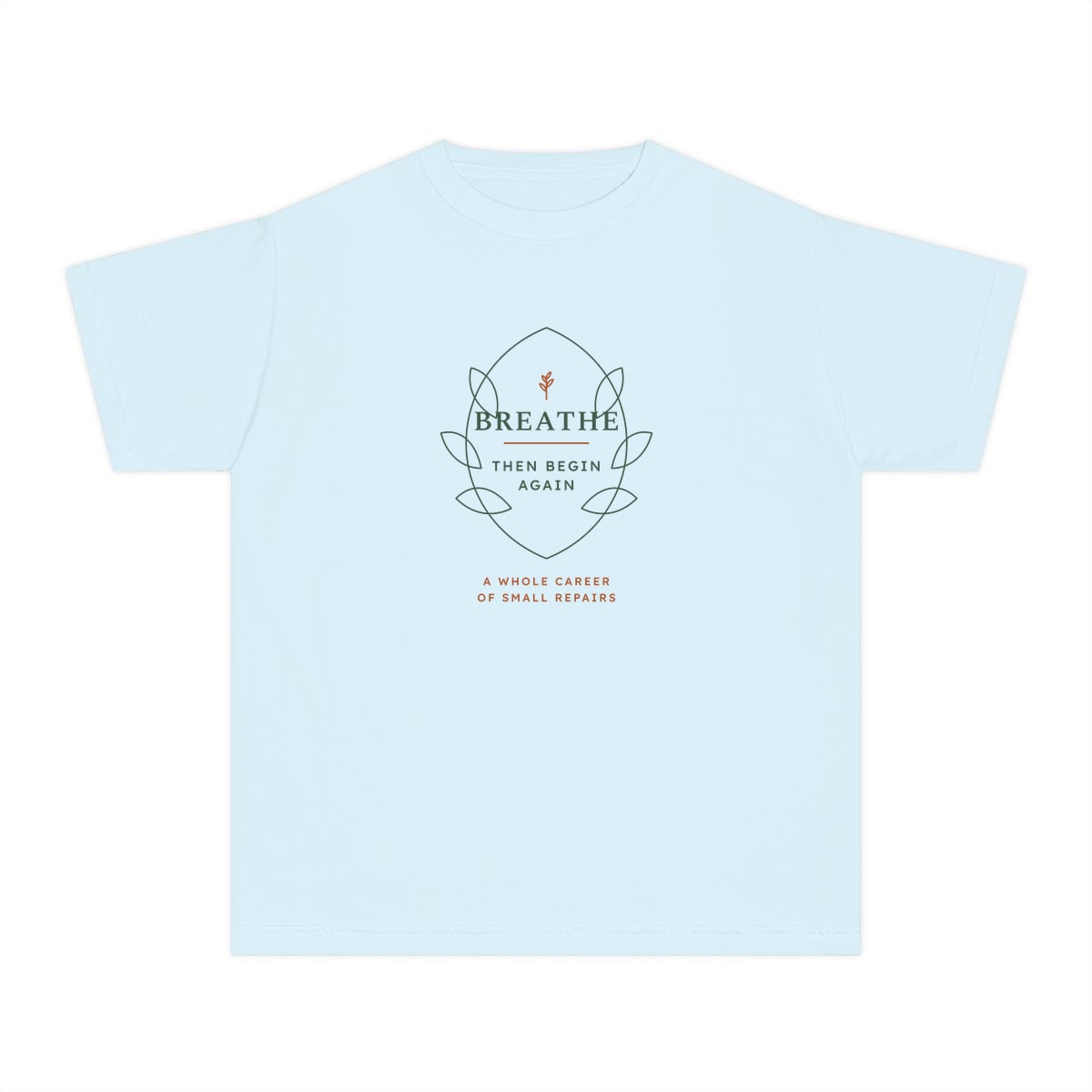 Breathe Then Begin Again, printed on a youth tee in Chambray