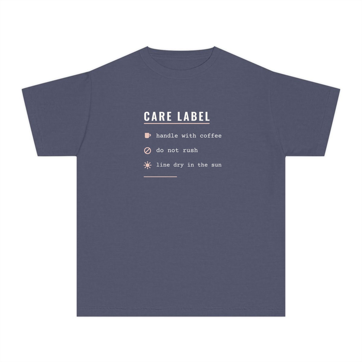Care Label, printed on a youth tee in Denim